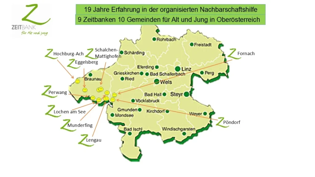 Übersichtskarte der Zeitbank-Standorte in Oberösterreich